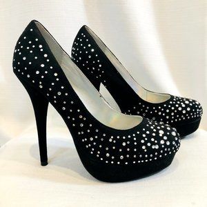 D Brand Sky High Heels in Black with Clear Rhinestones